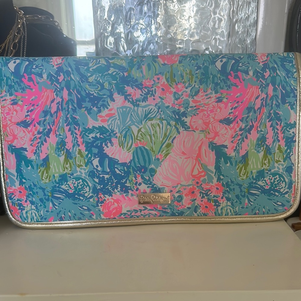 Lilly Pulitzer Blue and Pink Cosmetic Case with Vibrant Design